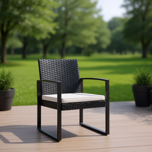 Silla de Comedor de Patio de Ratán PP Negro con Estructura de Aluminio, Silla de Jardín Contemporánea, Muebles de Exterior, Asiento Tapizado Resistente - Product Image 2