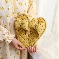 Chaussons d'intérieur pour femmes à bout ouvert, avec nœud papillon, semelles en tissu, silencieux, doux, absorbants la transpiration, en coton et lin, pour sols en bois