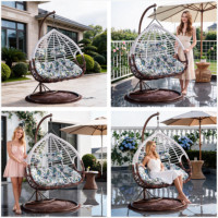 Fauteuil suspendu double en rotin style méditerranéen, en osier PE floral, avec support |   Villa au bord de la piscine, capacité de charge 300 kg, vente en gros