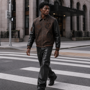 <span class=keywords><strong>Giacca</strong></span> Varsity OEM da Uomo Marrone e Nera, Personalizzata in Ecopelle Lavata, Pesante, con Zip e <span class=keywords><strong>Motivi</strong></span>, Stile Letterman - Product Image 2