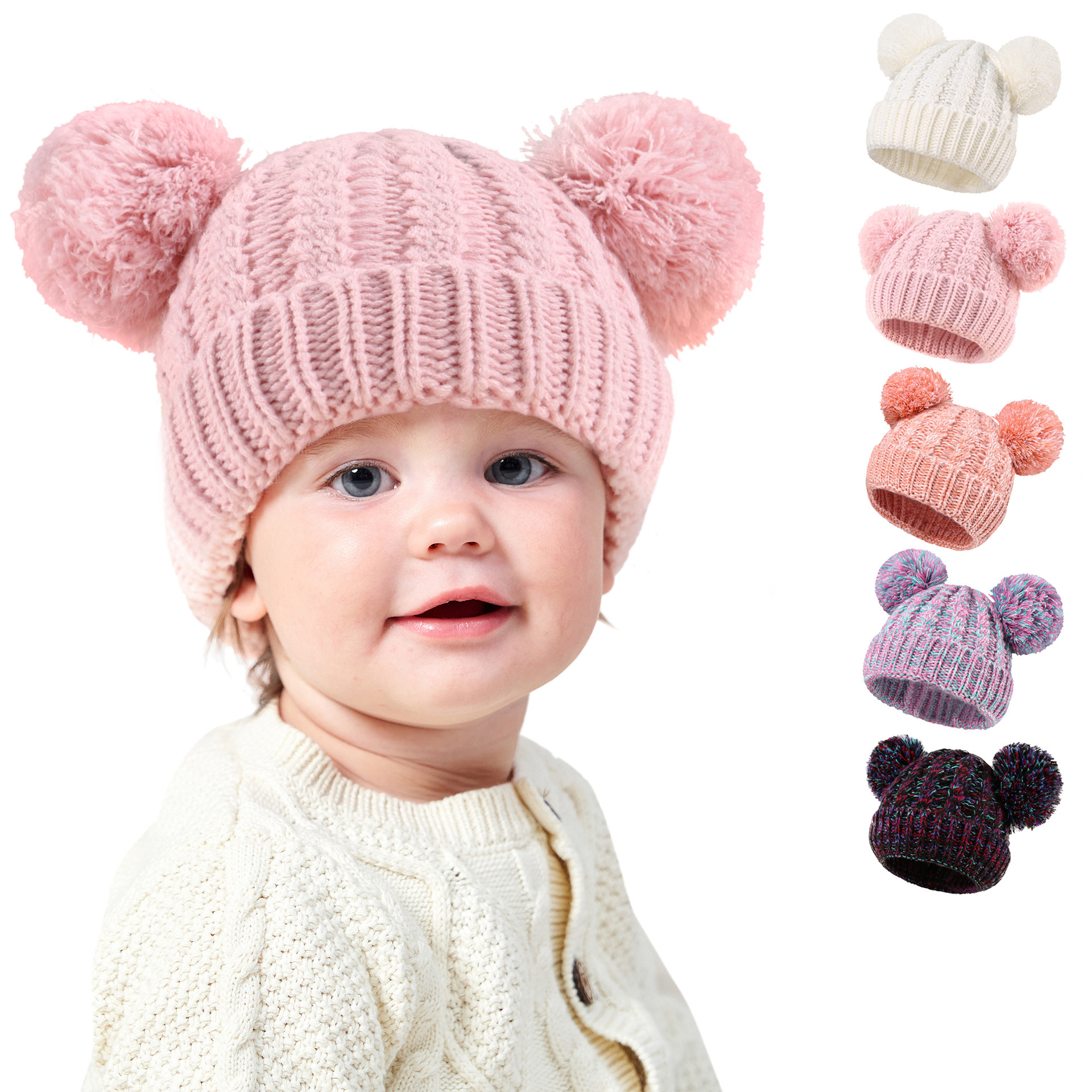 WS400 Winter Double Ball Kids Knitted Hat Europe America Pure Color Baby Beanie Outdoor Warm Cute Girl Boy Winter Wool Hat