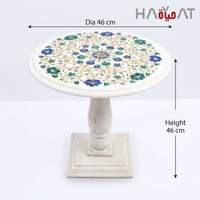 Table basse en marbre blanc avec incrustation florale, table d'appoint ronde sur piétement, centre de table en marqueterie artistique pour salon