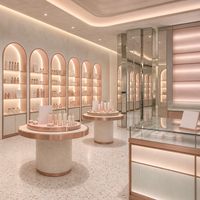 Présentoir de Magasin de Beauté Complet : Étagère Arquée Dorée Rose avec Panneau Acrylique Rétroéclairé pour Comptoir Cosmétique
