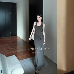 Vestido largo de verano para mujer con cinturón, cuello redondo, tirantes finos, color liso, abertura, transpirable, talla grande, cola capilla, estilo japonés - Product Image 3