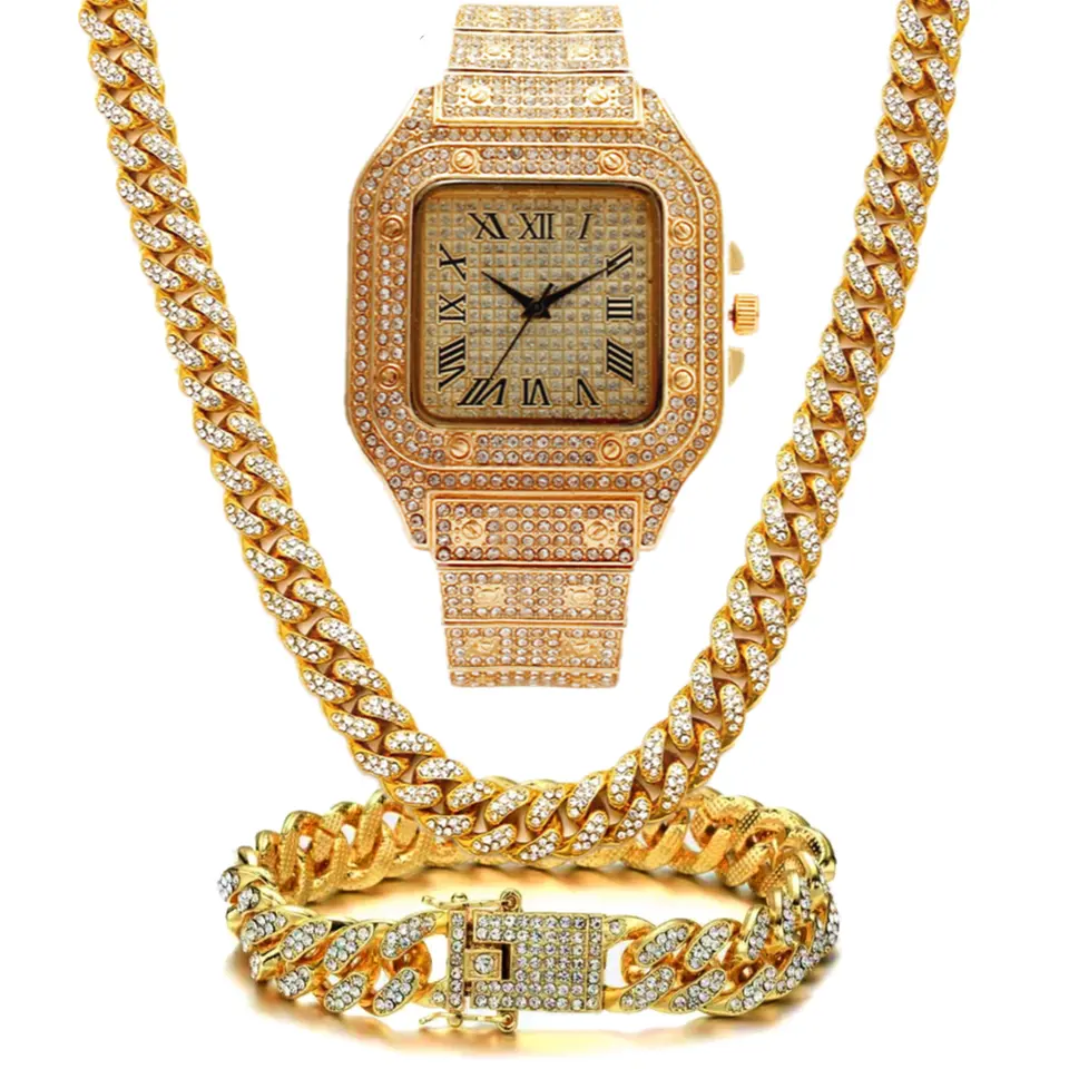 Hip Hop Men Watch Set Women Universal Cuban Necklace Bracelet Watches for gifts Cuban Chain Gypsophila Diamond Watch Jewelry Set