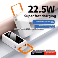 Power Bank portabel 22.5W, pengisian cepat, 60000mAh dengan 2 kabel lampu berkemah, Power Bank portabel OEM disesuaikan
