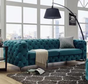 Divano Chesterfield a Tre Posti in Velluto Verde, Lusso Tradizionale in Tessuto per Soggiorno, Appartamento, Hotel, con Lavorazione Trapuntata - Product Image 4