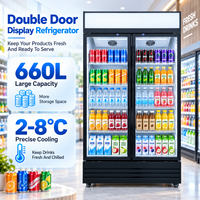 Réfrigérateur de présentation à double porte vitrée grande capacité, refroidi par air, avec éclairage supérieur pour boissons
