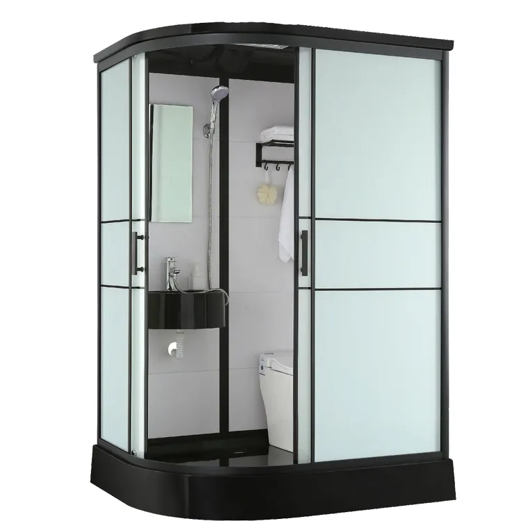 Unidad de baño todo en uno con marco negro, puerta corredera de vidrio prefabricada, todo en uno, pod de baño para hotel y casa