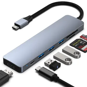 قارئ بطاقات USB/TF متعدد الموانئ 7 في 1 مع منفذ USB-C إلى HDMI بقدرة 4K@60 هرتز/3*USB 3.0/100 وات شحن توصيل طاقة