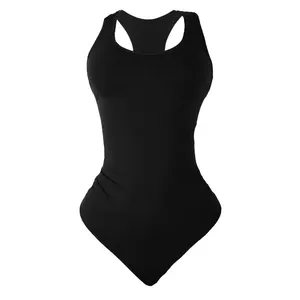 Eng sport Strand tanga Körperanzug Damen-Jumpsuit sexy gerippte einteilige Halter-Hals Ärmelloses Jumpsuit