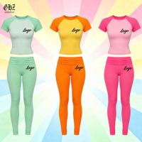 Ensemble deux pièces pour femme 2026 Y2K : T-shirt à manches courtes contrastées et pantalon de yoga évasé taille haute – Tenue de sport athlétique