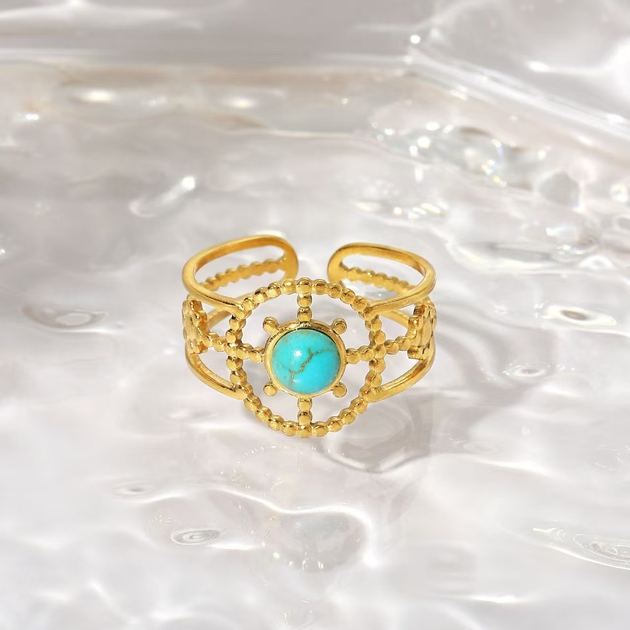 [6340] Bague ronde turquoise - or
