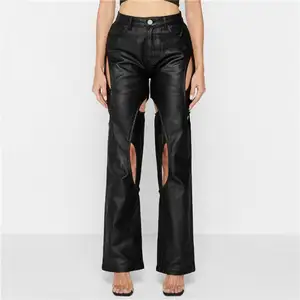 WQ1236 Leather Straight Leg Pants Girls Faux Leather Wide Leg Pants Hollow High Waist Trousers