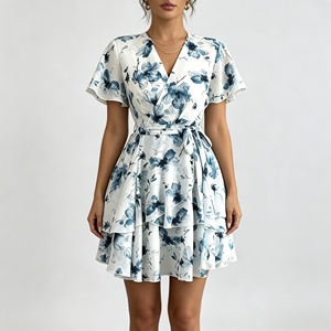 <span class=keywords><strong>Abito</strong></span> Personalizzato con Scollo a V Profondo e Stampa Floreale, Elegante Vestito in Chiffon da Spiaggia per Donne, Abbigliamento Estivo Boho da Resort - Product Image 1