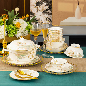 Vaisselle en céramique Jingdezhen, ensemble de plats en porcelaine fine, bol et assiette de style chinois, luxe léger, avec baguettes - Product Image 2