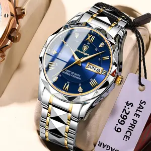 POEDAGAR新款时尚奢华男士手表不锈钢手表防水发光石英表