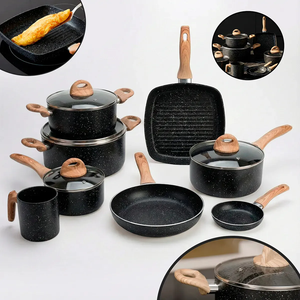 Batterie de cuisine en céramique antiadhésive en promotion avec poignées en bois et couvercles en verre, compatible lave-vaisselle et four, pour cuisinières à gaz et à induction - Product Image 1