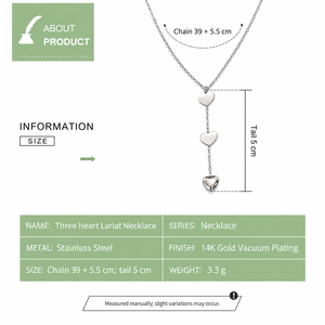 Collar Lariat de Tres Corazones de Acero Inoxidable en Tono Plateado Pulido con Cadena Fina en Forma de Y - Product Image 2