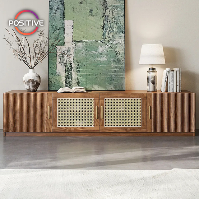 Modern Light Luxury TV Stand with Rattan-Inlaid Doors & Fluted Wood Panels for Living Room Media Storage MSTV-92