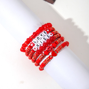 ชุดสร้อยข้อมือวันวาเลนไทน์ดินโพลิเมอร์สีแดง จูบแห่งความรัก ยิ้มแย้ม ดาวประดับลูกปัด ของขวัญเครื่องประดับสำหรับผู้หญิง สไตล์โบฮีเมียน - Product Image 2