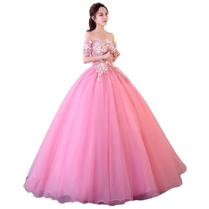 Off The Shoulder Pink Tulle Ball Gown Empire Waist Floral Print Evening Dress For Banquet Performance Art Exam - Product Image 5