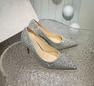 JIM style silver glitter gradient <b>sequin</b> pointed-toe low-heeled high-heeled women's shoes for wedding brides with crystal - Product Image 4