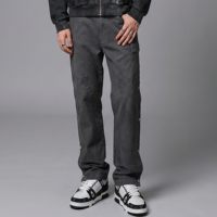 Pantalon cargo pour homme à boutons-pression latéraux, gris délavé vintage, avec double panneau de genou, poches à rabat, coupe droite, logo personnalisé