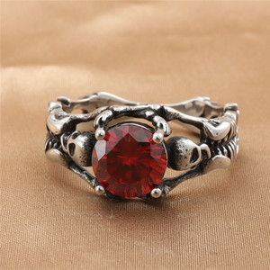 Anillo de Plata con Diseño de Esqueleto y Piedra Roja, Joyería Punk para Hombre, Regalo 212004 - Product Image 1