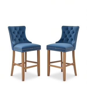Blue <b>Velvet</b> Upholstered <b>Barstools</b> Button Tufted Wooden Legs Nailhead Trim Contemporary Style 2 Piece - Product Image 1