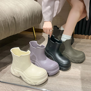 Thick Soled PVC Rain Boots Solid Color Round Toe Waterproof All Seasons Women's Ankle Boots - Product Image 2