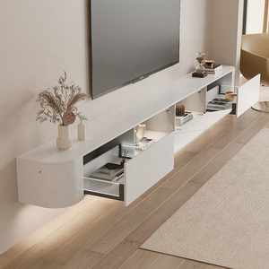 Meuble <span class=keywords><strong>TV</strong></span> Mural en Bois Massif et Table Basse Combinaison Minimaliste Moderne Style Crème Suspendu - Product Image 4