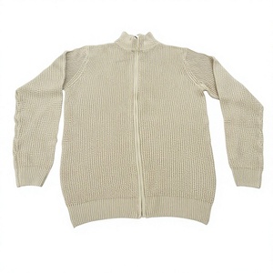 Beige Ribbed Zip up <b>Men's</b> Solid 100% Cotton Sweater Mock Neck <b>Cardigan</b> <b>Long</b> Sleeve Pullover Winter Casual Wear - Product Image 1