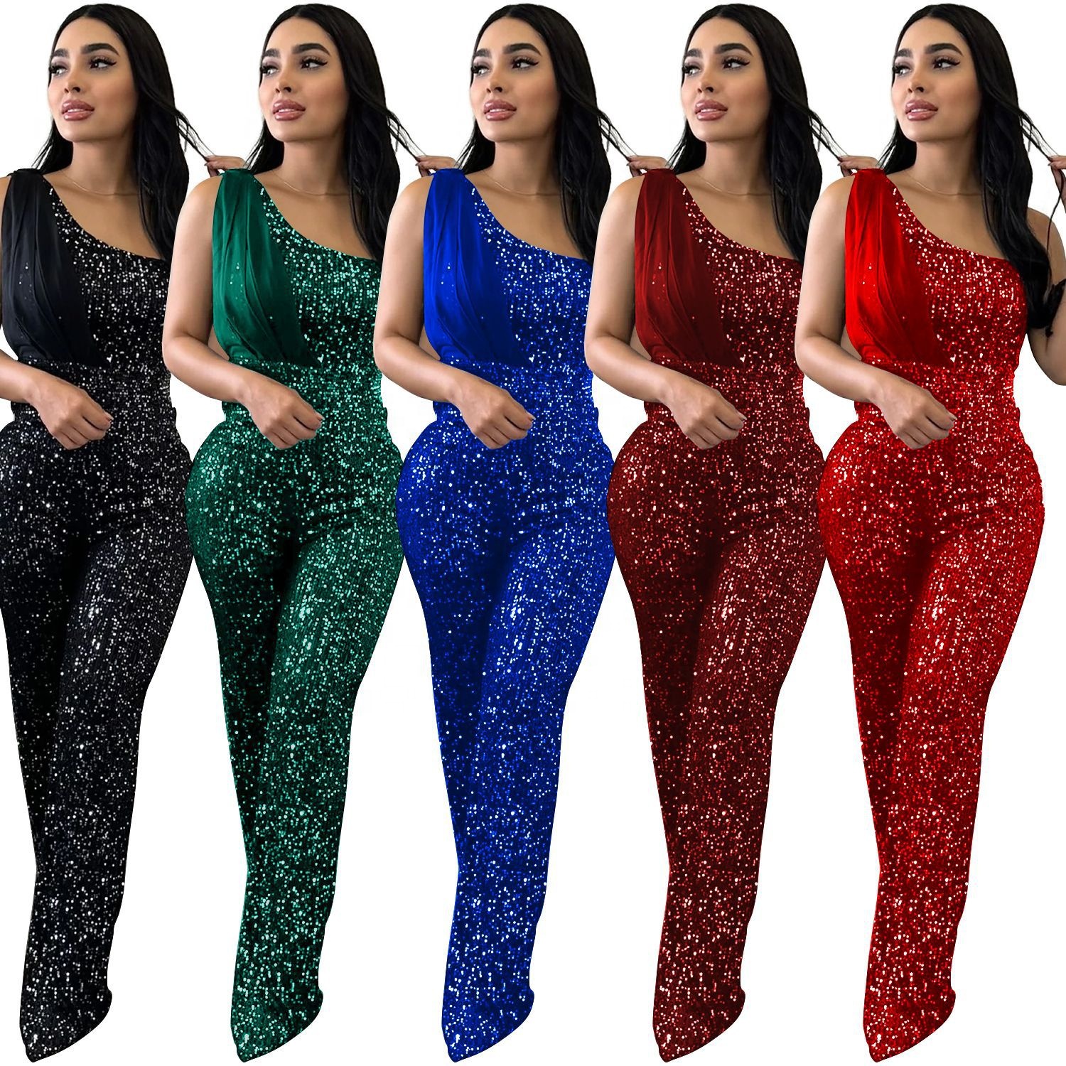 Macacão de lantejoulas para mulheres, calça de peça única, macacão de manga única com fita para primavera e inverno, roupa de luxo para festas e aniversários