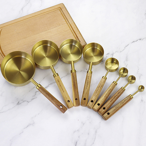 Premium Tool for Accurate Measurements 8-Piece Wood Handle Gold Stainless Steel <b>Measuring</b> Cups and <b>Spoons</b> Set - Product Image 2