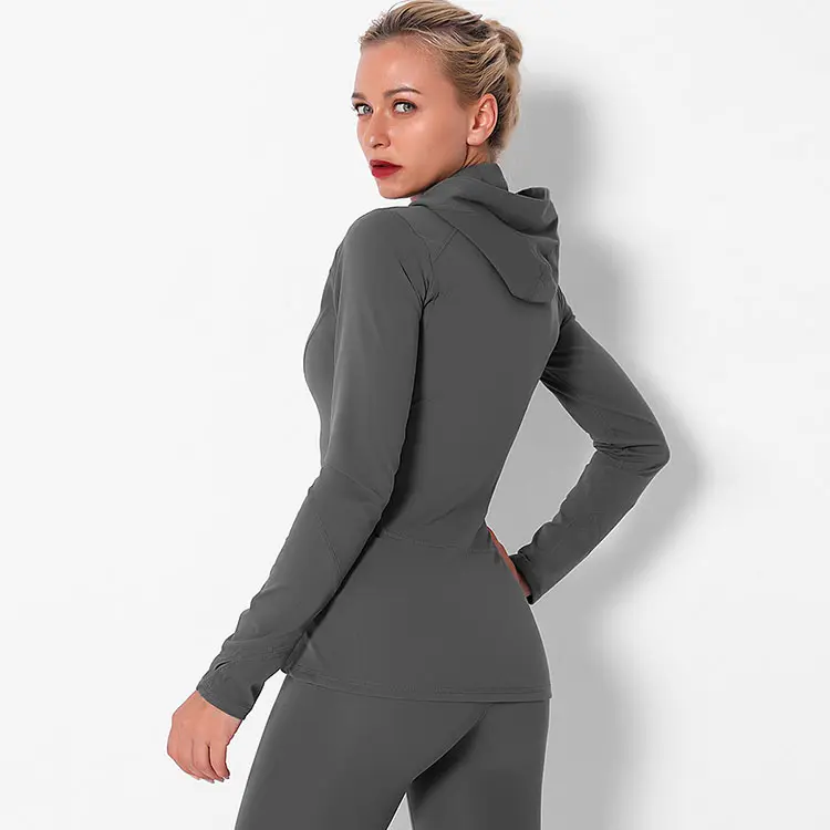 Vêtements de sport Zippé En Nylon Et Lycra Yoga Sweat À Capuche Sport Fitness Femmes Veste Décontractée avec Trous Pour Les Pouces