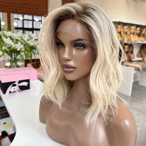 Perruque courte ondulée bob blond cendré avec mèches, cheveux humains Remy vierges vietnamiens, perruque sans colle avec dentelle HD, 1 pièce - Product Image 4