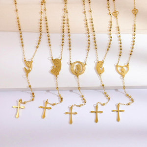 Collana Rosario Personalizzata all'Ingrosso con Ciondolo a Croce alla Moda, Versetto Biblico sulla Forza, in Acciaio Inossidabile Placcato Oro, Gioielli Religiosi - Product Image 2
