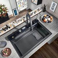 Évier de cuisine rectangulaire en acier inoxydable noir nano fait à la main avec motif de volcan de baleine, évier simple à quatre trous, affichage numérique piano
