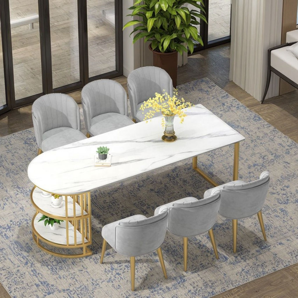 Luxury Italian Restaurant Dining Table and Chair Set White Gold Home  Furniture Metal Corner Dining Table Chairs