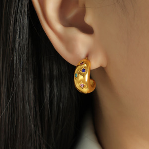 <b>Moon</b> Shape Huggie Earrings Titanium Steel Colored Diamond Bezel Setting Party Fashion Stud Earrings - Product Image 4