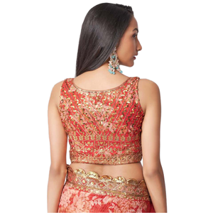 Magnifique saree de mariage en organza à imprimé floral rouge avec chemisier pour vêtements de mariage - Product Image 1