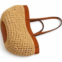 Sac fourre-tout décontracté en paille tressée au design original pour femme, nouveau style patchwork tricoté, sac à bandoulière d'été pour la plage avec doublure en polyester
