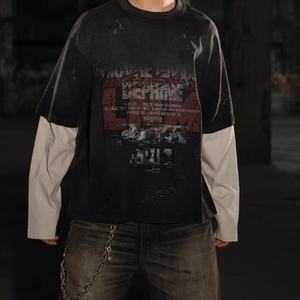 T-shirt à manches longues à deux panneaux, vintage, délavé, personnalisé, faible MOQ - Product Image 2