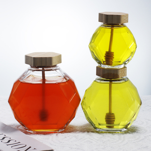 高档六角蜂蜜玻璃罐木盖方形扁平方形密封搅拌棒牛奶橄榄油婴儿食品批发 - Product Image 4