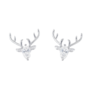 Pendientes de botón con cabeza de ciervo en oro blanco E3348, con cristal de corte pera y engaste de garra de diamantes de imitación, joyería de moda unisex - Product Image 1