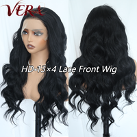Wig sintetis Futura Fiber HD 13X4 Lace Front 330g warna hitam natural, gelombang body, matte natural, realistis, tahan panas (grosir)