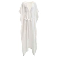 Maßgeschneidertes, einfarbiges, natürliches 100% Seiden-Maxikleid mit Anti-Falten-Effekt, lockerem V-Ausschnitt, Gürtel und kurzen Ärmeln im Kaftan-Stil für Frühling, Sommer und Herbst.