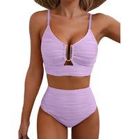 DOVEARK Custom Brand Logo Nieuwe Europese & Amerikaanse Bikini V-hals Cutout Hoge Taille Gestructureerde Geplooide Zwemkleding voor Vrouwen