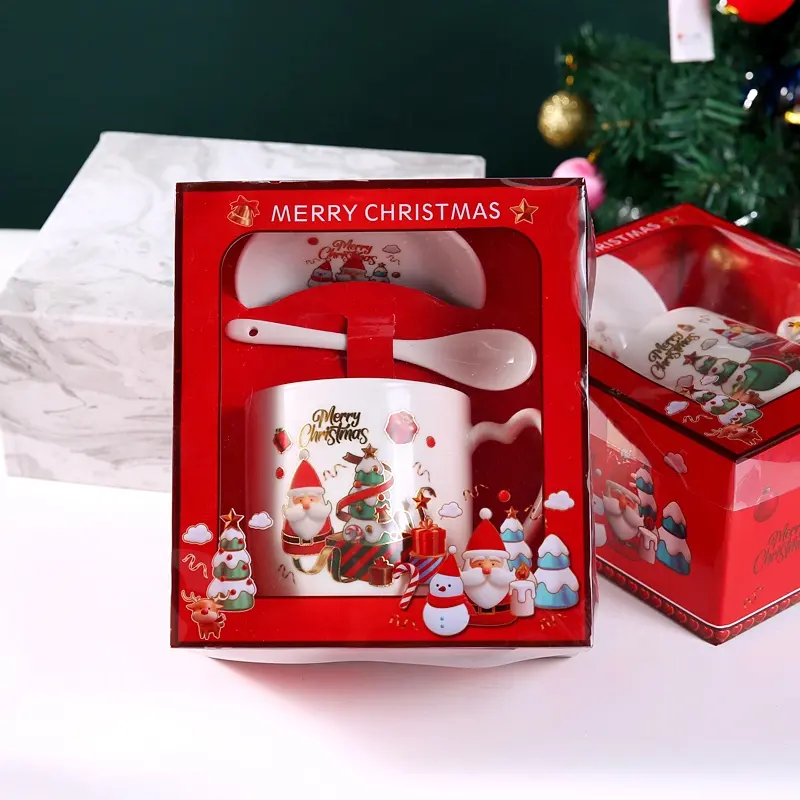 新しいデザインのファッションギフトマルチカラーコーヒーカップクリスマスセラミックマグスプーン付き時計ギフト磁器カップ